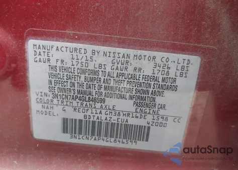 2016 Nissan Versa 1.6 S+ from USA, damaged, VIN 3N1CN7AP4GL846599